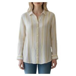 Outerknown Costa Linen Blend Button Up Shirt Yellow White Stripe Size Medium NWT